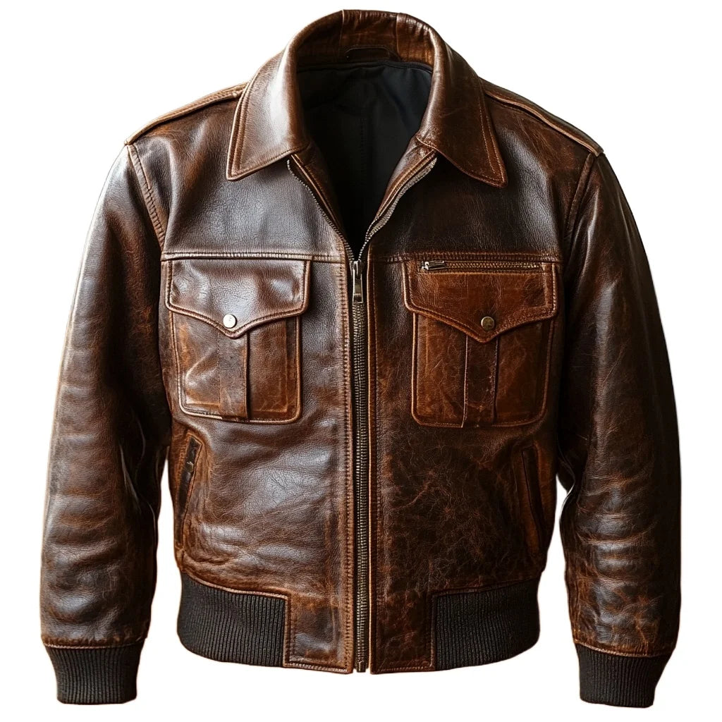 Men’s Vintage Distressed Bomber Leather Jacket – Washed, Worn-In, Rugged Look