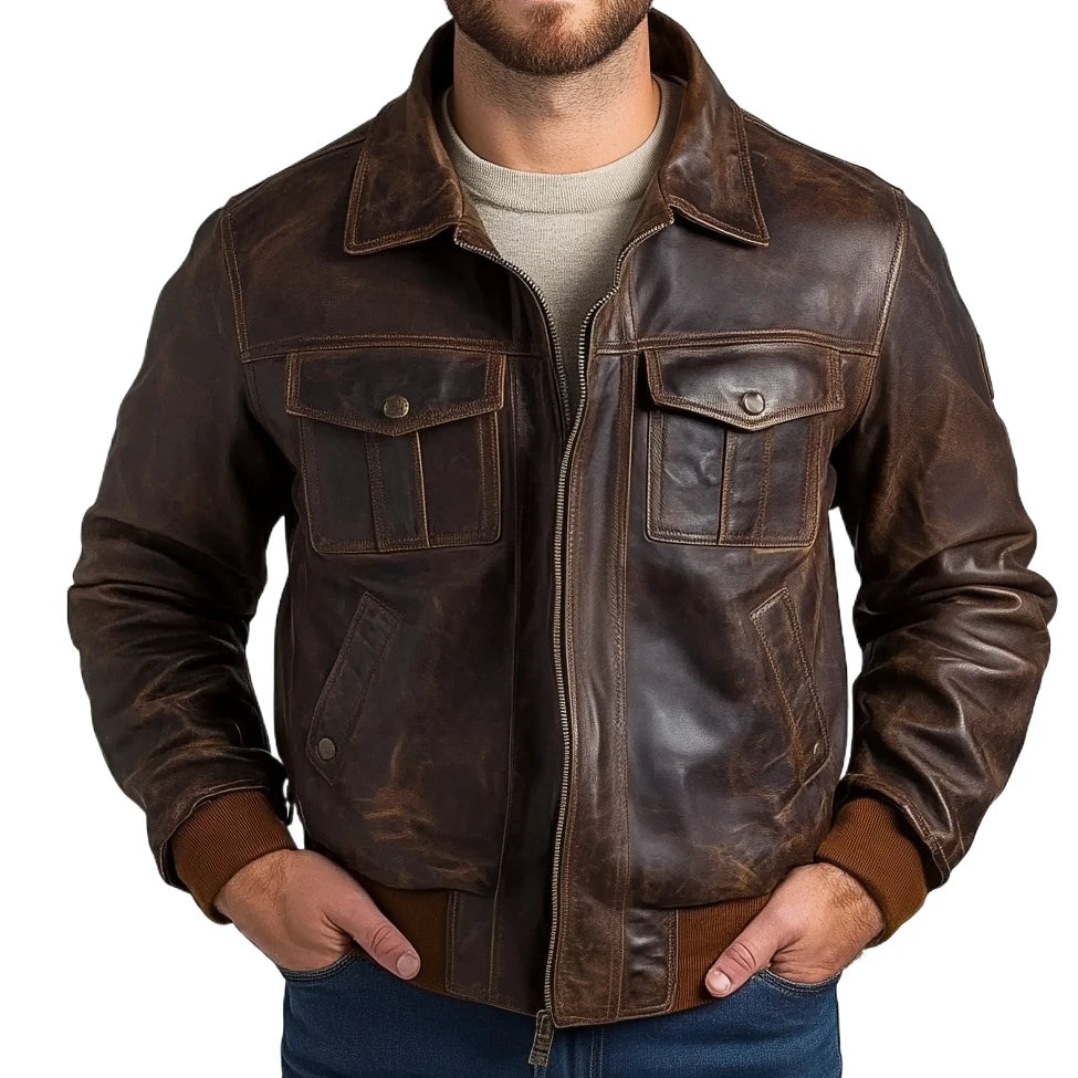 Men’s Vintage Distressed Bomber Leather Jacket – Washed, Worn-In, Rugged Look
