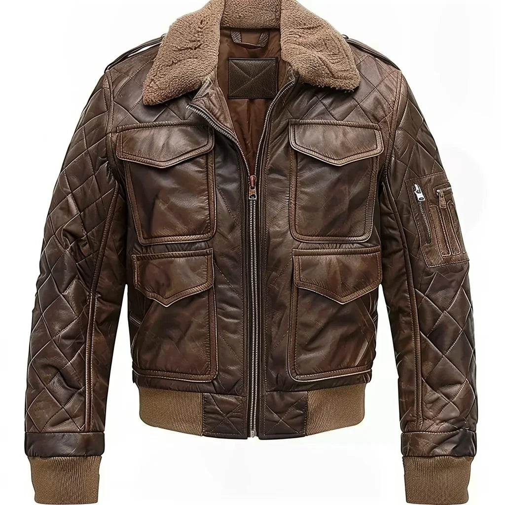 Men’s Vintage Distressed Bomber Leather Jacket – Washed, Worn-In, Rugged Look