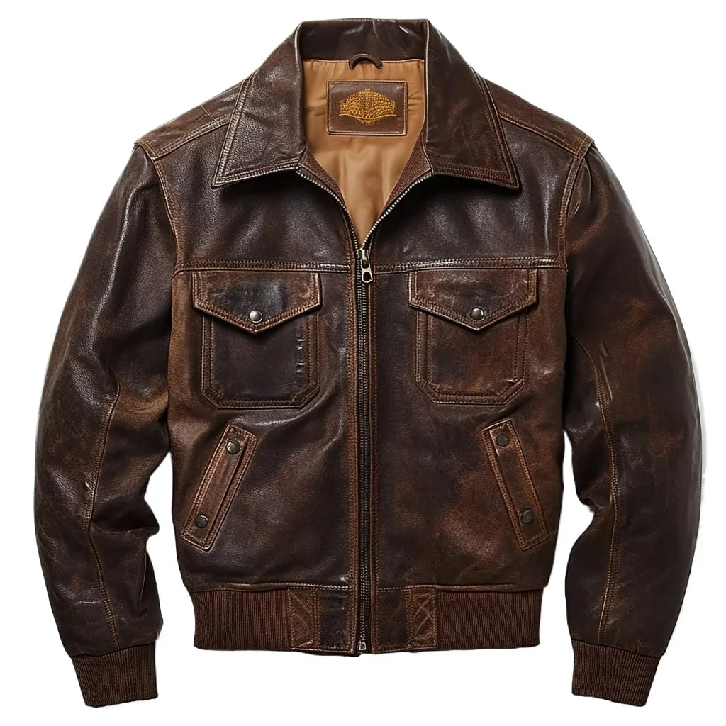 Men’s Vintage Distressed Bomber Leather Jacket – Washed, Worn-In, Rugged Look
