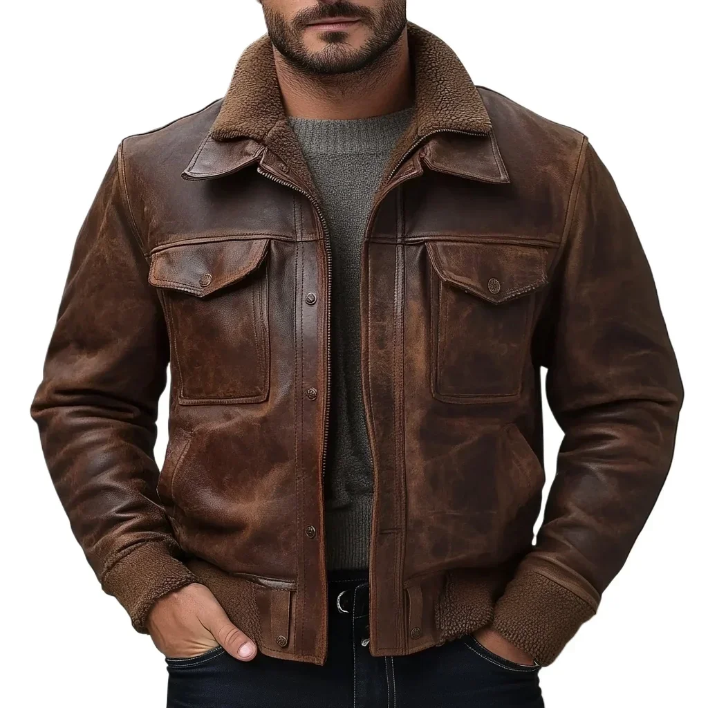 Men’s Vintage Distressed Bomber Leather Jacket – Washed, Worn-In, Rugged Look