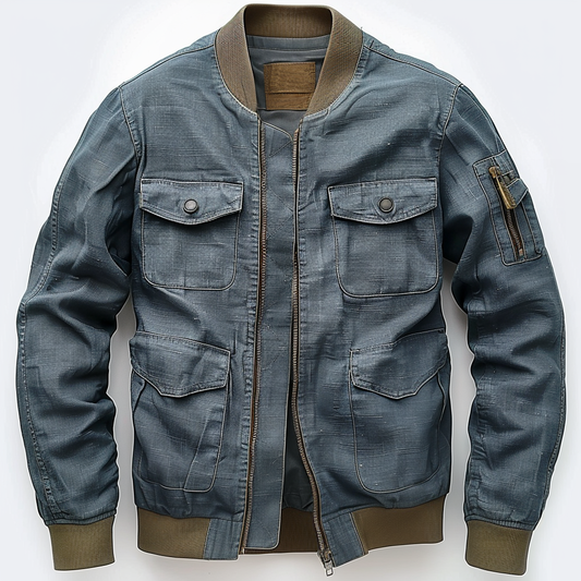 Linen Bomber Jacket Men Light Weight Blue